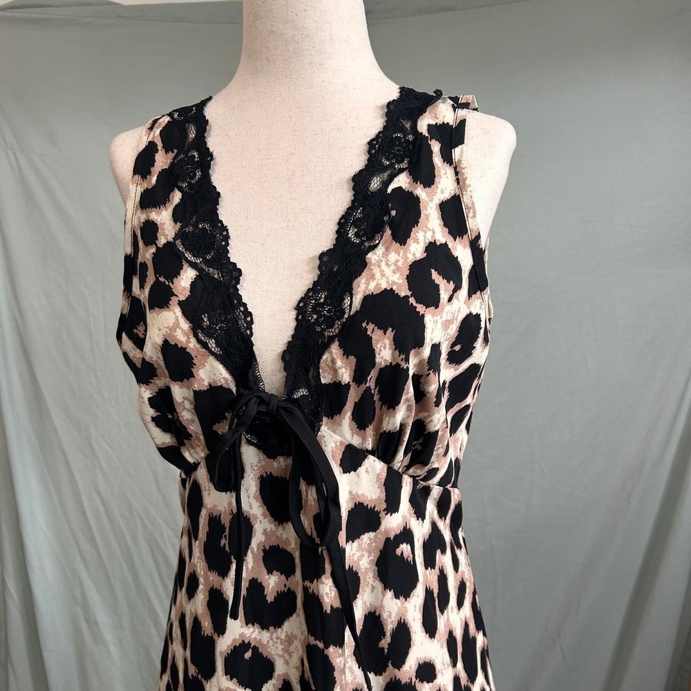 Y2K Leopard Print Lace Trim Babydoll Slip Midi Dress Womens Size M Tan Black